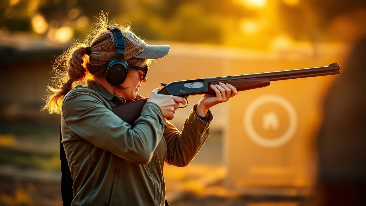 Beginner clay target shooter being coached by a Master at Arms instructor at golden hour