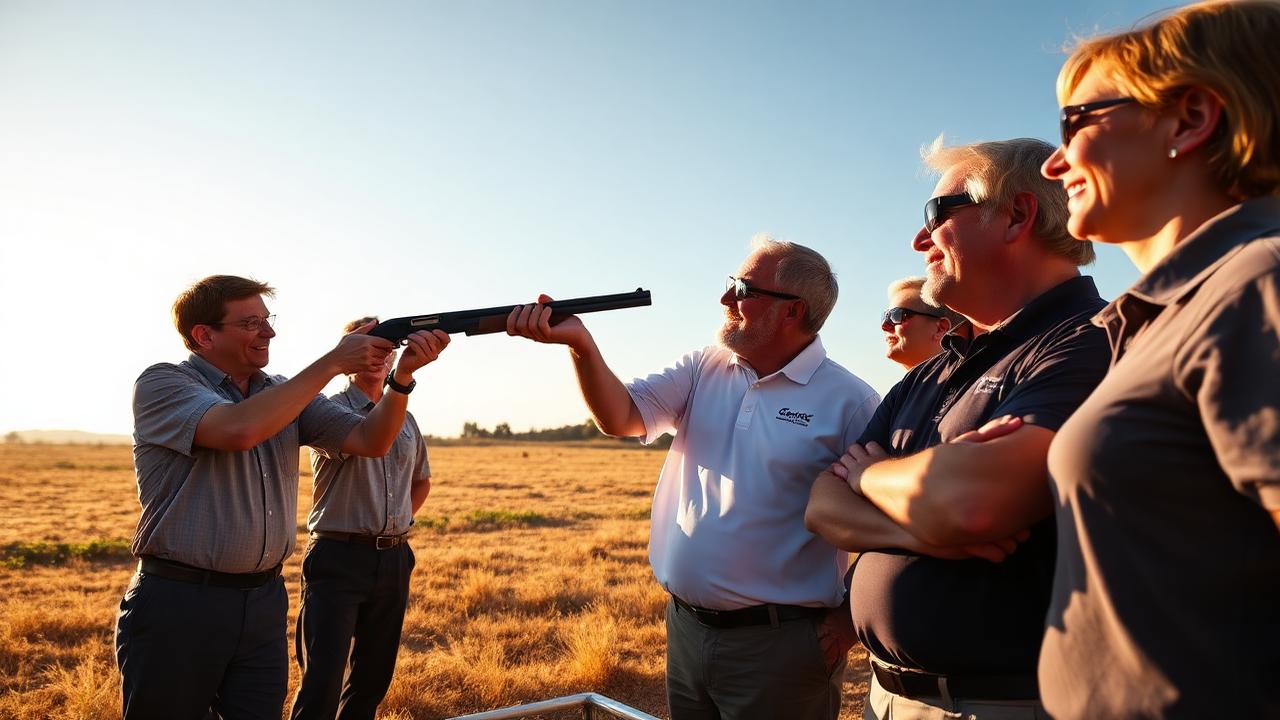 Corporate team in branded polo shirts on a clay shooting range outside Johannesburg
