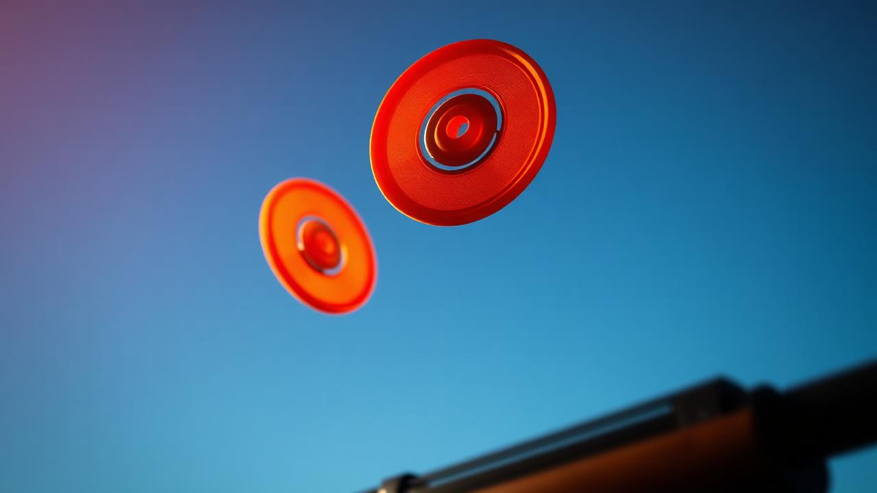 Two orange clay targets frozen mid-air against a deep blue sky with a shotgun barrel in the foreground