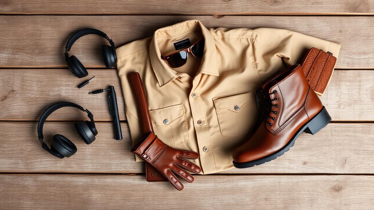 Flat lay of clay shooting attire including boots, shirt, cap, sunglasses, gloves, and ear protection